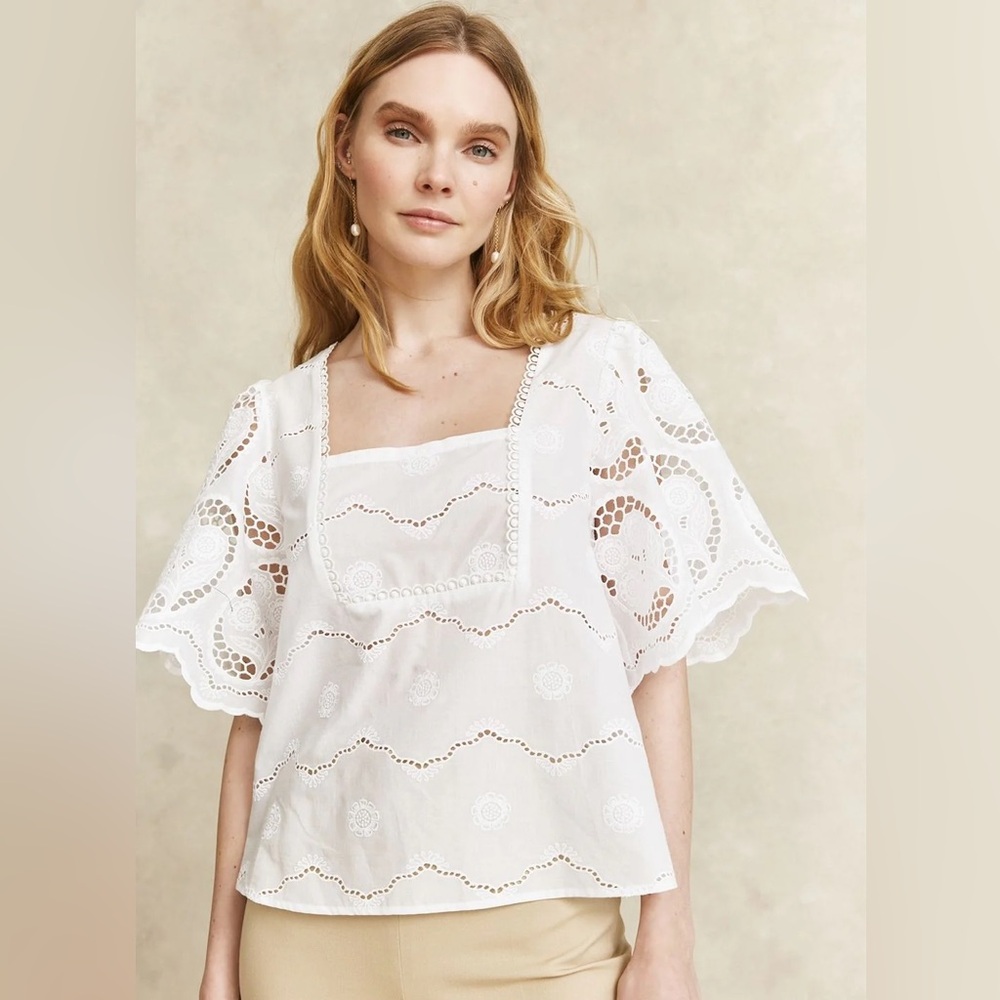NWT Pearl by Lela Rose Floral Embroidered Cotton Square Neck Top in White